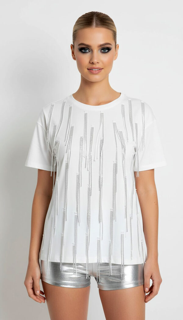 Weißes Fransen Shirt mit Strasssteinen und silbernen Metallic-Fransen