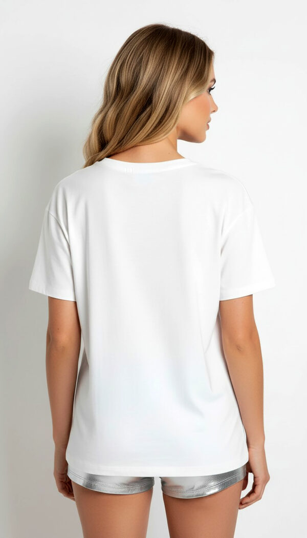 Weißes Fransen Shirt mit Strasssteinen und silbernen Metallic-Fransen (8) Weißes Fransen Shirt mit Strasssteinen und silbernen Metallic-Fransen