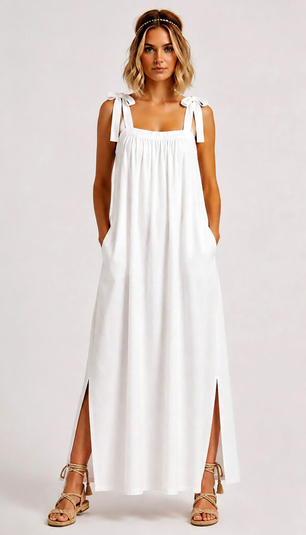 Weißes Maxikleid Großhandel Boho, Kleid mit Bindeträgern, Seitenschlitz und verdeckten Taschen, rosemodee.de