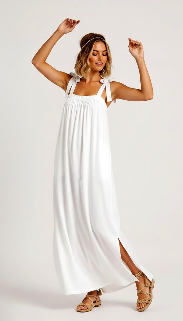 Weißes Maxikleid Großhandel Boho, mit Bindeträgern und Seitenschlitz (6) Weißes Maxikleid Großhandel Boho, Kleid mit Bindeträgern, Seitenschlitz und verdeckten Taschen, rosemodee.de