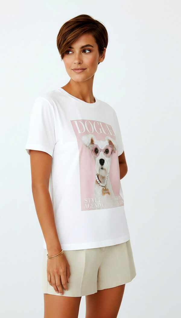 Weißes Oversize Damen T Shirt mit Dogue Hund Print und Strass Brille Großhandel (10) Weißes Oversize Damen T Shirt mit Dogue Hund Print und Strass Brille