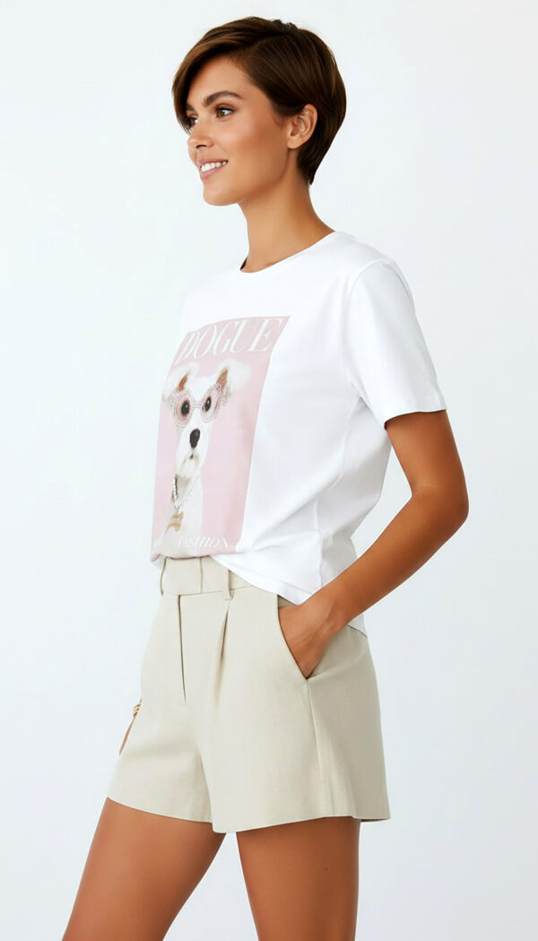 Weißes Oversize Damen T Shirt mit Dogue Hund Print und Strass Brille Großhandel (12) Weißes Oversize Damen T Shirt mit Dogue Hund Print und Strass Brille