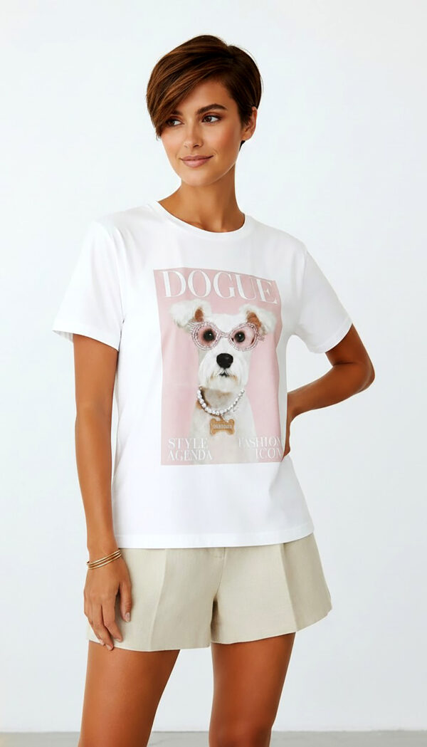 Weißes Oversize Damen T Shirt mit Dogue Hund Print und Strass Brille Großhandel (13) Weißes Oversize Damen T Shirt mit Dogue Hund Print und Strass Brille