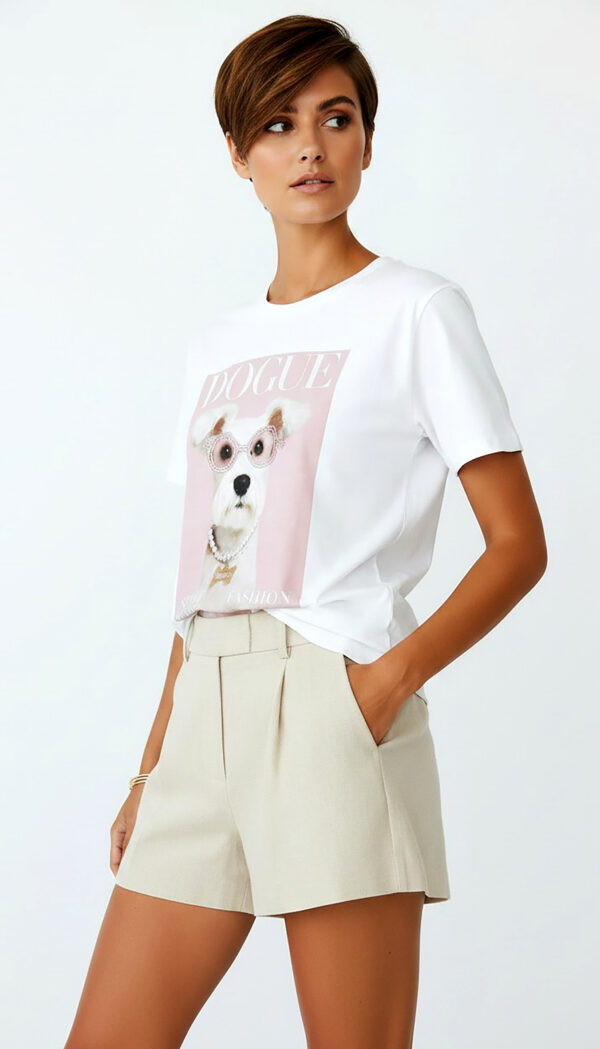 Weißes Oversize Damen T Shirt mit Dogue Hund Print und Strass Brille Großhandel (14) Weißes Oversize Damen T Shirt mit Dogue Hund Print und Strass Brille