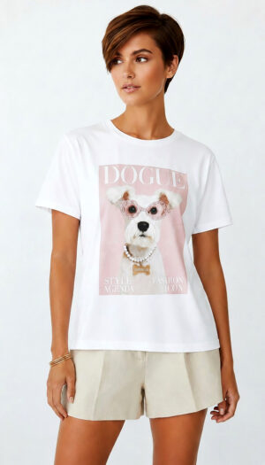 Weißes Oversize Damen T Shirt mit Dogue Hund Print und Strass Brille