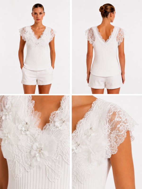 Weißes Spitzentop mit Blumenapplikationen (5) Weißes Spitzentop Großhandel mit 3D-Blumenapplikationen, Perlen und Rüschenärmeln – Damenmode rosemodee.de
