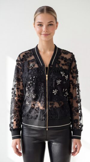 Damen Bestickte Spitzenjacke mit Strass Großhandel Schwarz & Weiß mit transparenter Spitze und 3D-Blumenstickerei