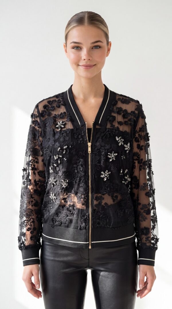 Damen Bestickte Spitzenjacke mit Strass Großhandel Schwarz & Weiß mit transparenter Spitze und 3D-Blumenstickerei