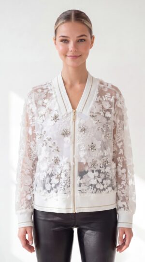 Damen Bestickte Spitzenjacke mit Strass Großhandel Schwarz & Weiß mit transparenter Spitze und 3D-Blumenstickerei
