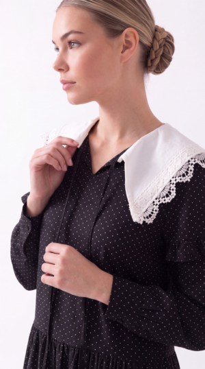 Damen Gepunktetes Stufenkleid mit Spitzenkragen Großhandel Schwarz