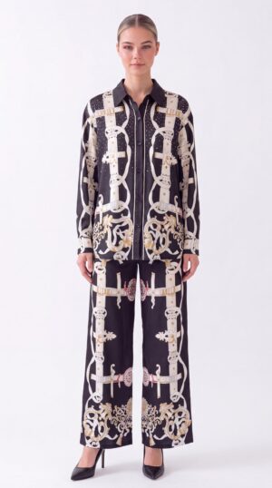 Damen Hemd-Hose Zweiteiler Barock Print mit Strass Großhandel Schwarz