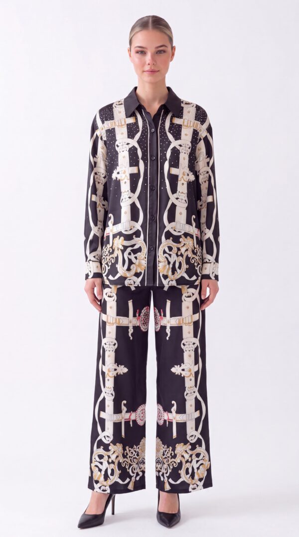 Damen Hemd-Hose Zweiteiler Barock Print mit Strass Großhandel Schwarz