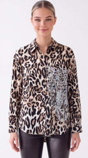Damen Hemdbluse Leo Print mit Strass Beige Großhandel.