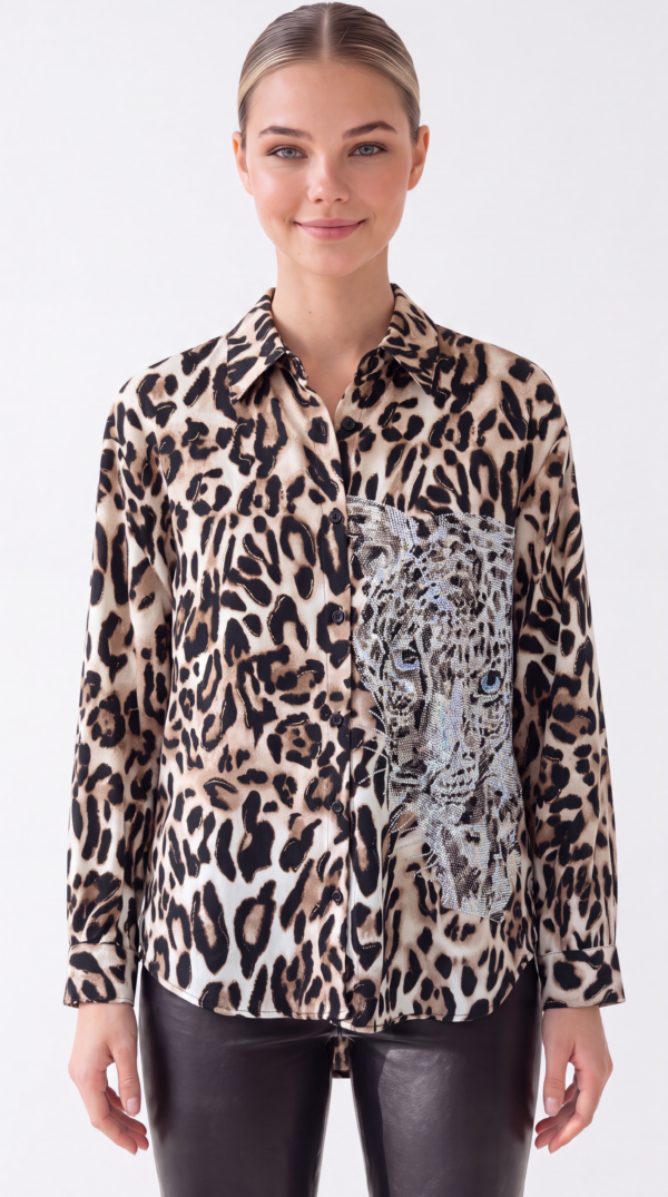 Damen Hemdbluse Leo Print mit Strass Beige Großhandel.