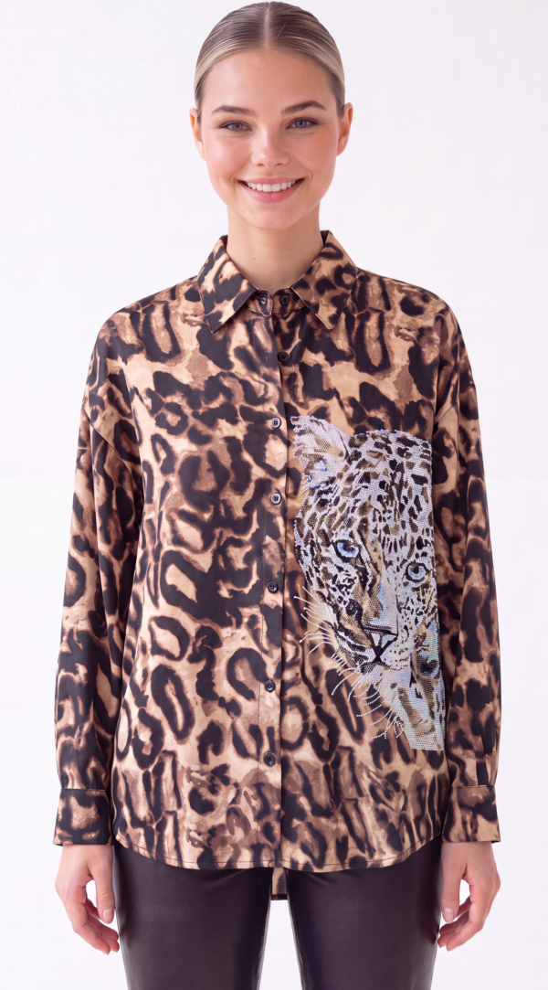 Damen Hemdbluse Leo Print mit Strass Leopard Großhandel Braun.