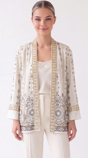 Damen Luxus Kimono mit Perlenstickerei Onesize Großhandel Champagner
