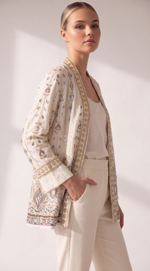 Damen Kimono Jacke mit Perlen & Pailletten LOT Onesize Großhandel – Champagner AA 55 cm (5) Damen Luxus Kimono mit Perlenstickerei Onesize Großhandel Champagner
