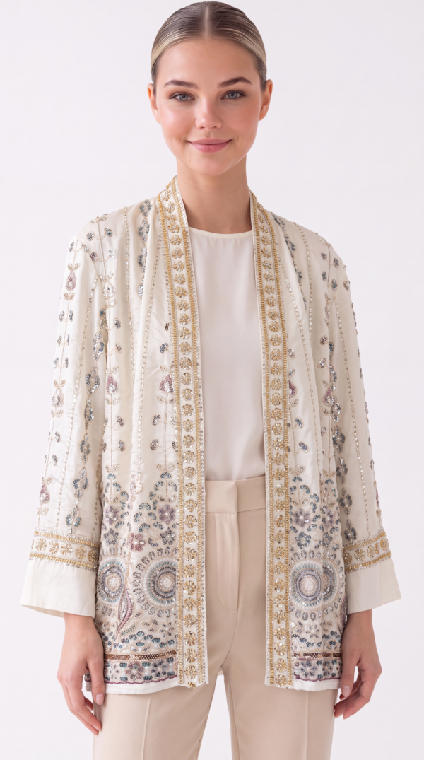 Damen Kimono Jacke mit Perlen & Pailletten LOT Onesize Großhandel – Champagner AA 55 cm (6) Damen Luxus Kimono mit Perlenstickerei Onesize Großhandel Champagner