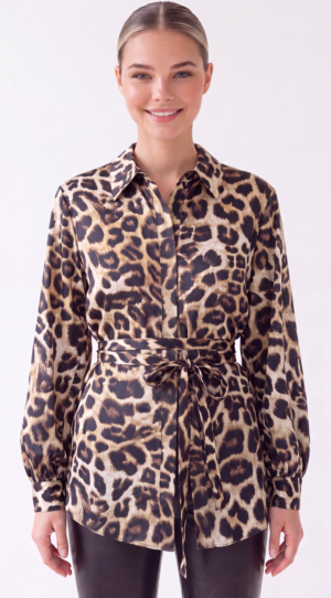 Damen Longbluse Leoprint Großhandel mit integriertem Bindeband in Braun.