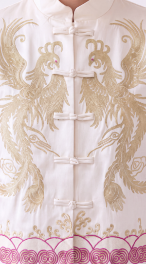 Damen Luxus Mandarin Jacke mit Phönix-Stickerei Onesize Großhandel Offwhite