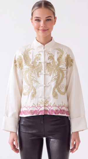 Damen Luxus Mandarin Jacke mit Phönix-Stickerei Onesize Großhandel Offwhite