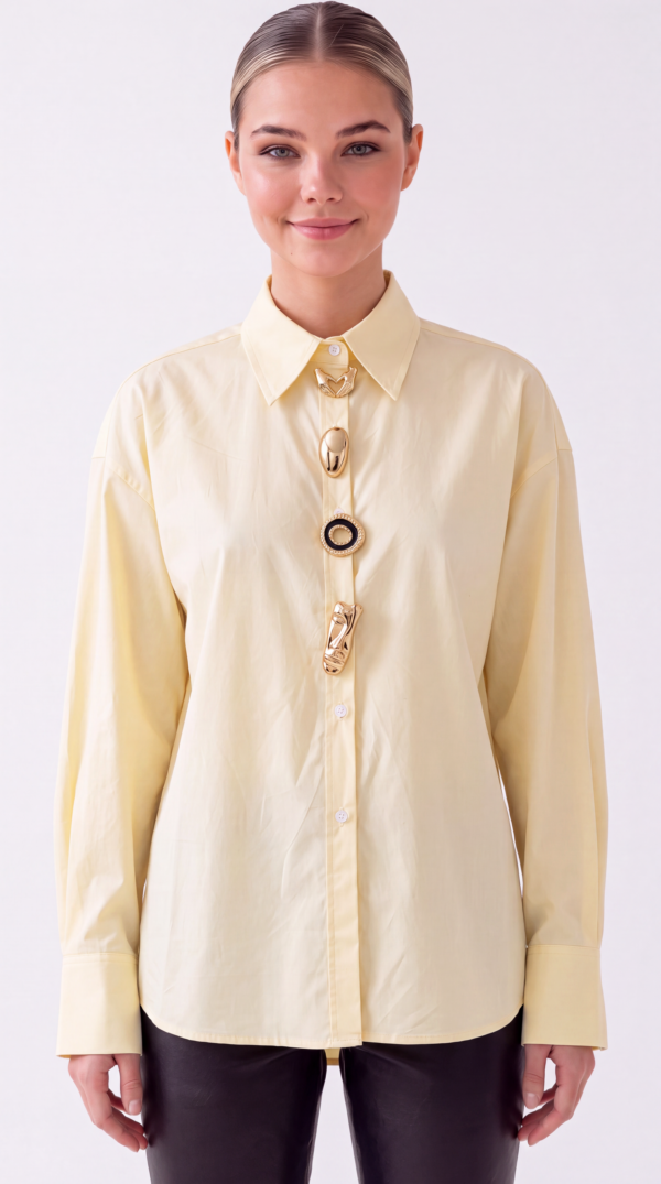 Damen Oversize Baumwollbluse mit Broschen Großhandel Hellgelb