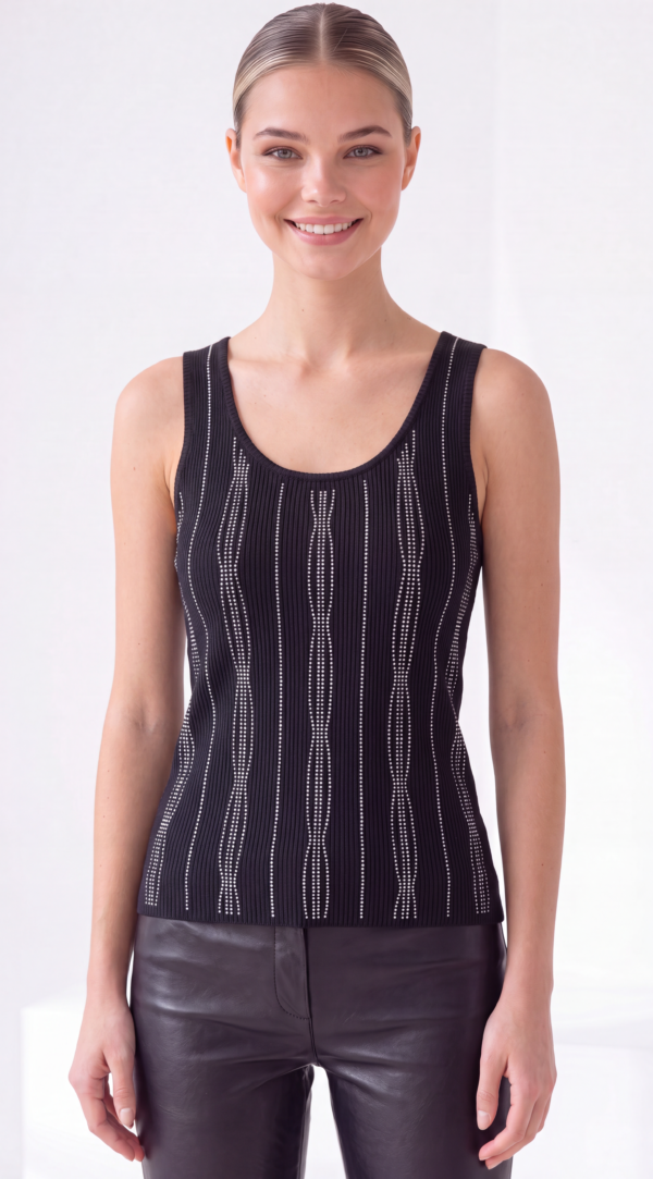 Damen Rippstrick Tanktop mit Strass Großhandel Schwarz mit vertikalen Strass-Applikationen.