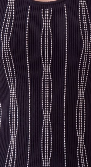 Damen Rippstrick Tanktop mit Strass Großhandel Schwarz mit vertikalen Strass-Applikationen.