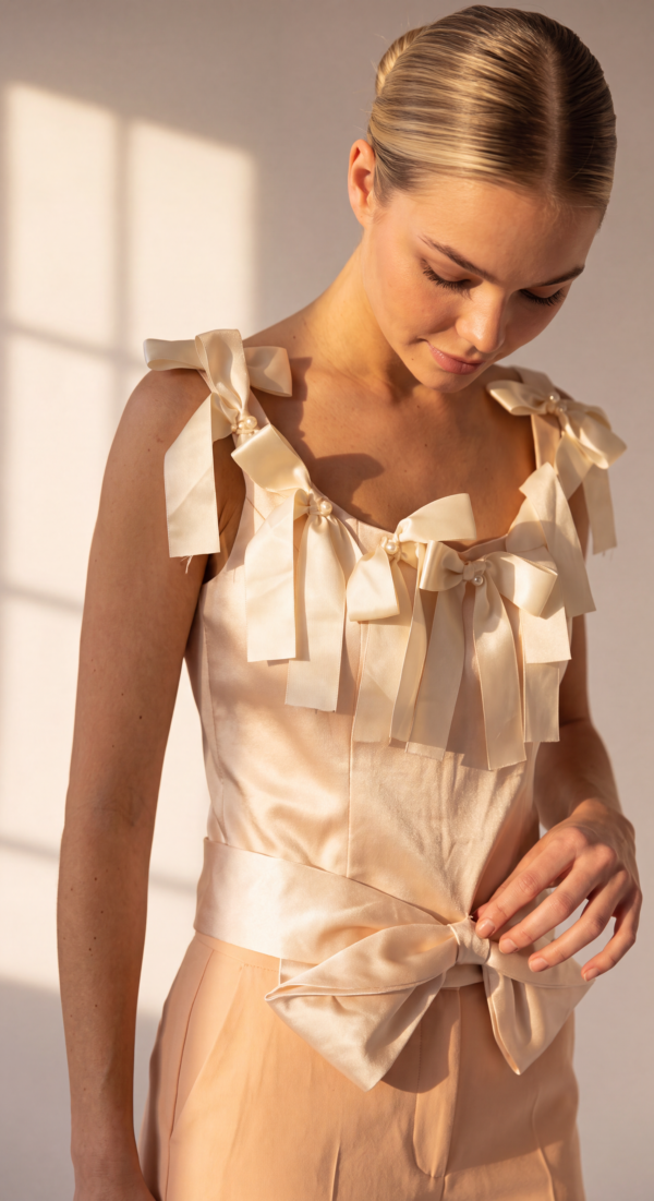 Damen Satin Top mit Schleifen LOT (1×M 1×L 1×XL) Großhandel – Champagner AA 35 cm (2) Damen Satin Top mit Schleifen LOT M L XL Großhandel Champagner