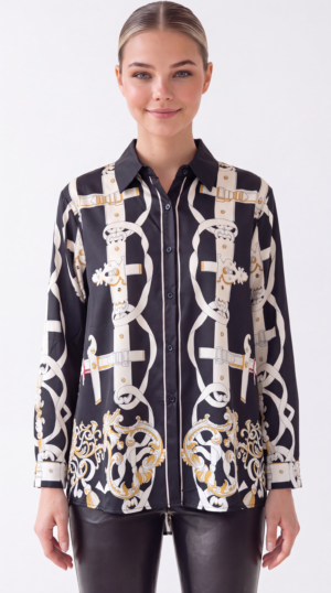 Damen Satinbluse Barock Kettenprint Großhandel Schwarz mit elegantem Allover-Print.