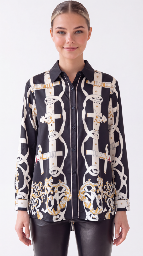 Damen Satinbluse Barock Kettenprint Großhandel Schwarz mit elegantem Allover-Print.