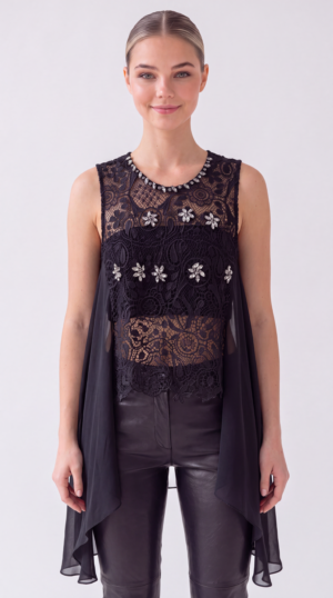 Damen Spitzenbluse mit Chiffon Cape und Strass Großhandel Schwarz