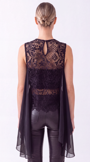 Damen Spitzenbluse mit Chiffon Cape und Strass Großhandel Schwarz