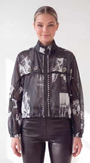 Damen Transparente Crop-Jacke mit Strass Großhandel Love Print Schwarz Weiß