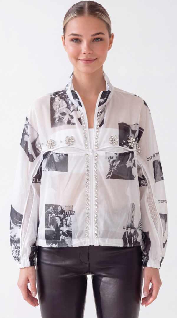 Damen Transparente Crop-Jacke mit Strass Großhandel Love Print Schwarz Weiß
