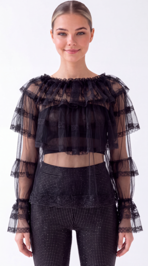 Damen Tüllbluse mit Volants Großhandel Schwarz