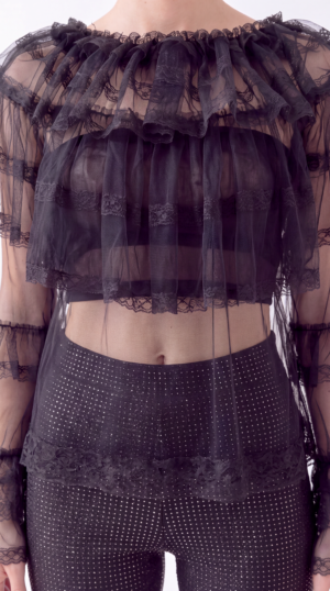 Damen Tüllbluse mit Volants Großhandel Schwarz