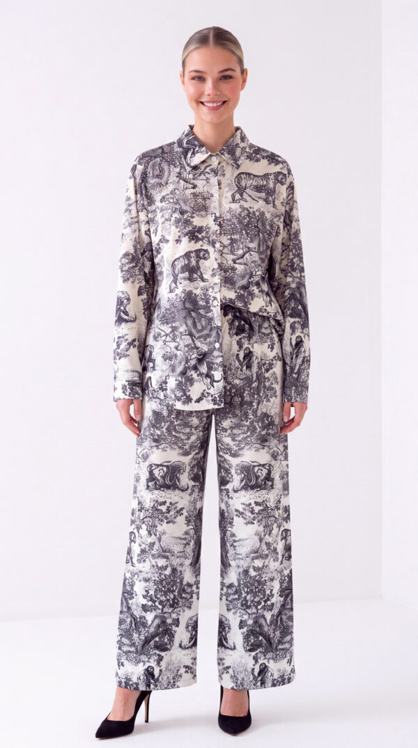 Damen Hemd-Hose Zweiteiler Animal Print mit Strass Großhandel Weiß