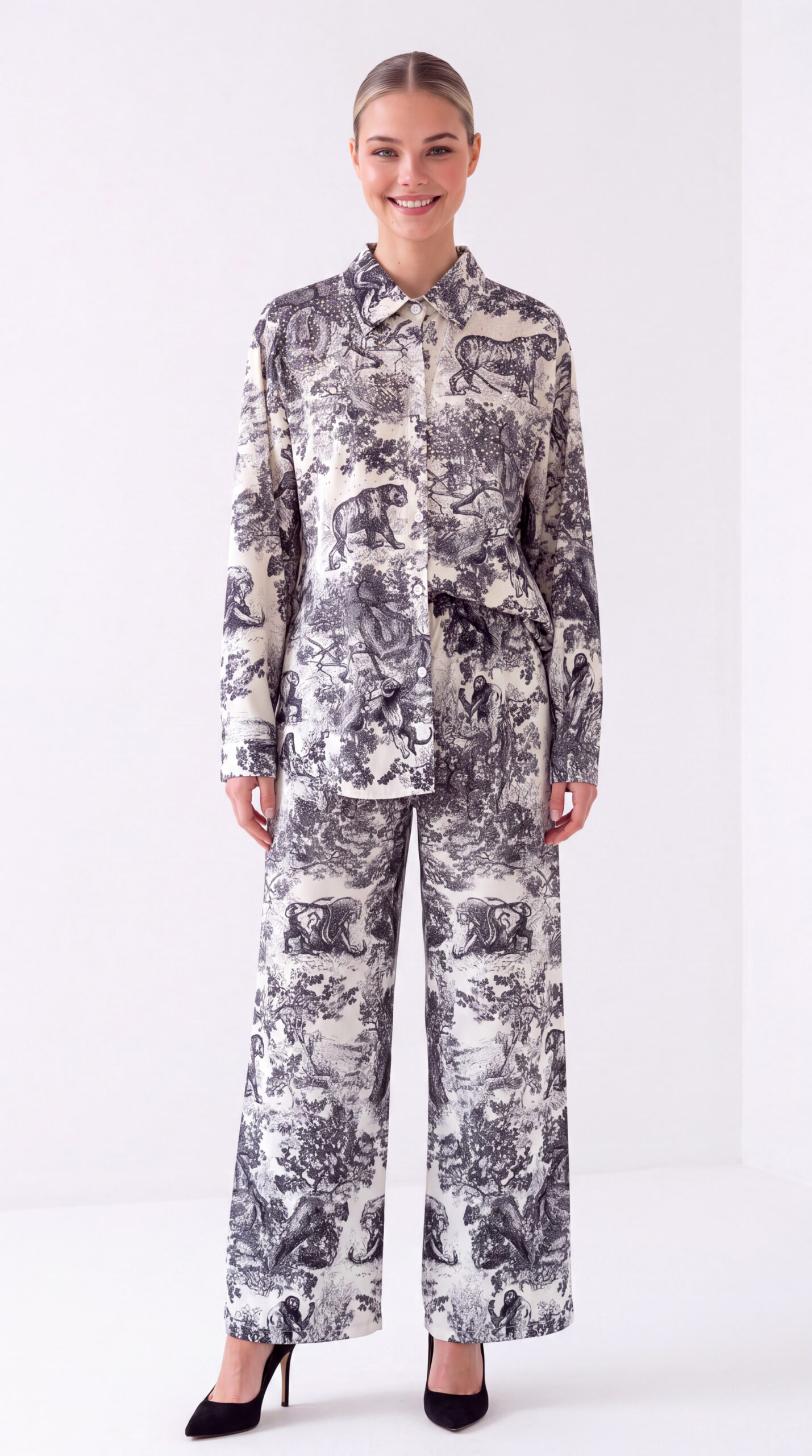 Damen Hemd-Hose Zweiteiler Animal Print mit Strass Großhandel Weiß