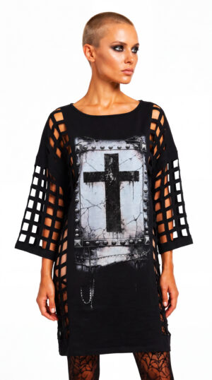Gothic Oversize Kleid Schwarz und Weiß Weiß Variante mit Strass Cross Print