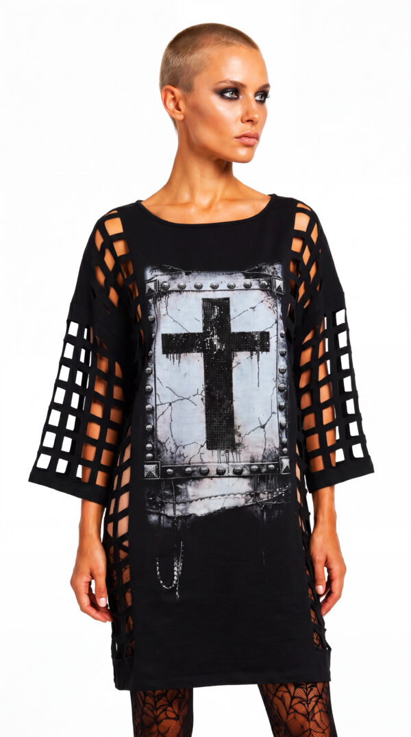 Gothic Oversize Kleid Schwarz und Weiß Weiß Variante mit Strass Cross Print