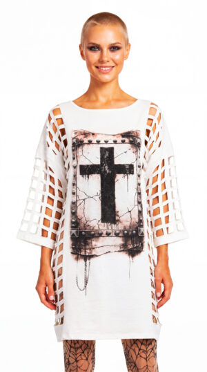 Gothic Damenmode Großhandel Cross Print Oversize Tunika mit Strass Weiß (4) Gothic Oversize Kleid Schwarz und Weiß Weiß Variante mit Strass Cross Print