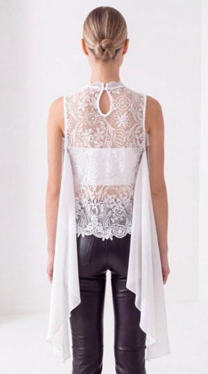 Damen Spitzenbluse mit Chiffon Cape und Strass Großhandel Weiß