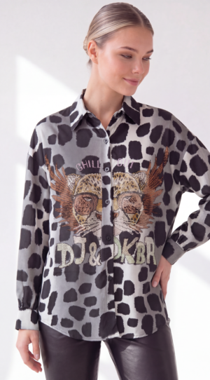 Leo Print Damenbluse mit Strass-Tiger Großhandel in Beige und Grau