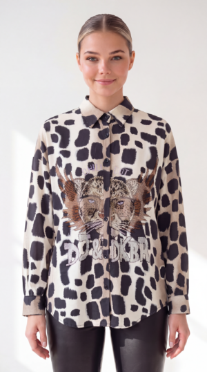 Leo Print Damenbluse mit Strass-Tiger Großhandel in Beige und Grau