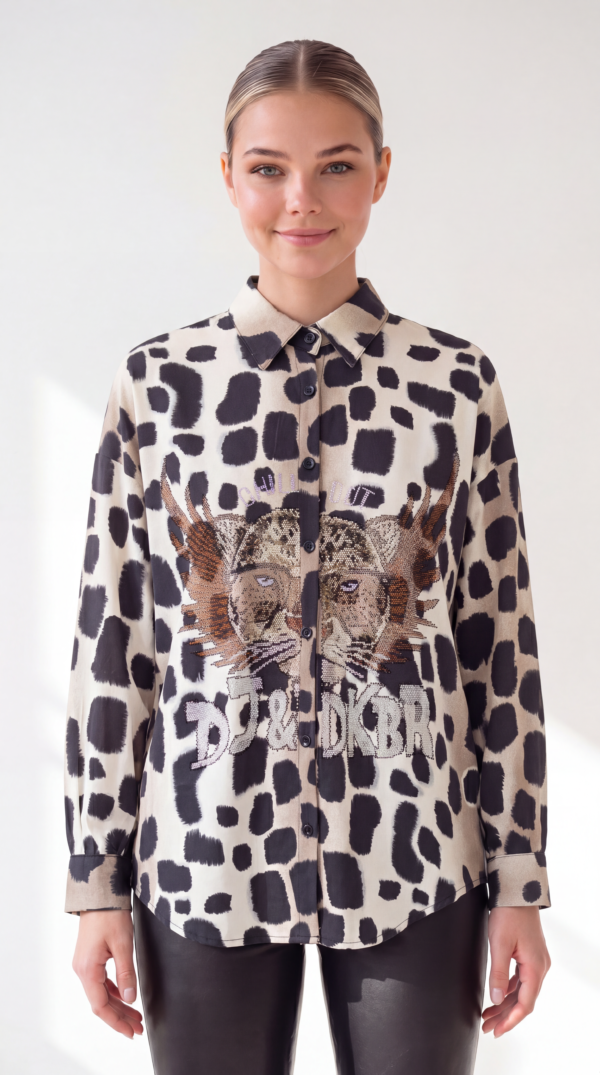 Leo Print Damenbluse mit Strass-Tiger Großhandel in Beige und Grau
