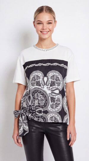 Damen Paisley Print Shirt mit Strass Großhandel Weiß mit Paisley-Print und seitlichen Bindebändern