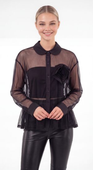 Damen Transparente Tüllbluse mit 3D-Blumenapplikation Großhandel Schwarz mit transparenter Tülloptik