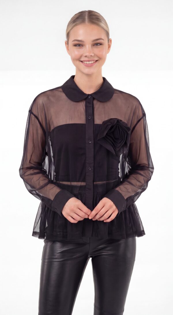 Damen Transparente Tüllbluse mit 3D-Blumenapplikation Großhandel Schwarz mit transparenter Tülloptik