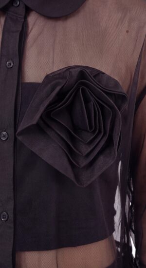 Damen Transparente Tüllbluse mit 3D-Blumenapplikation Großhandel Schwarz mit transparenter Tülloptik
